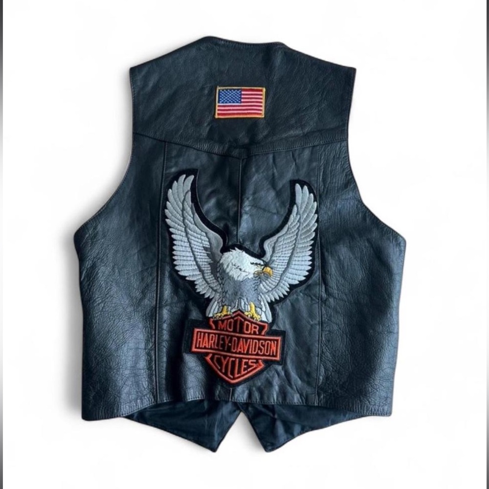 Harley Davidson black leather vest with eagle and American flag patch - Picture 1 of 2